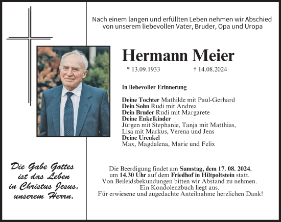 Traueranzeige von Hermann Meier von Pegnitz-Zeitung
