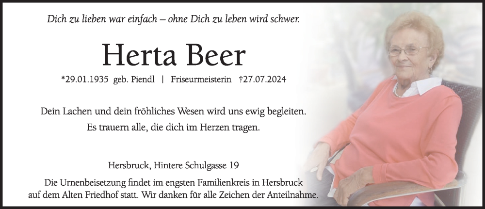  Traueranzeige für Herta Beer vom 03.08.2024 aus Hersbrucker Zeitung Lokal