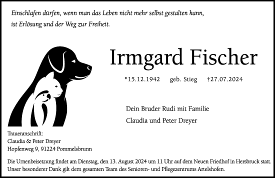 Traueranzeige von Irmgard Fischer von Hersbrucker Zeitung Lokal