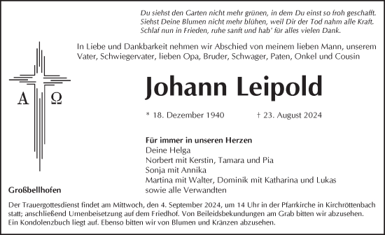 Traueranzeige von Johann Leipold von Pegnitz-Zeitung