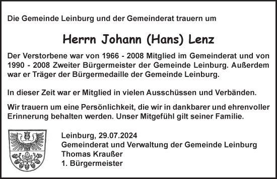 Traueranzeige von Johann Lenz von Der Bote