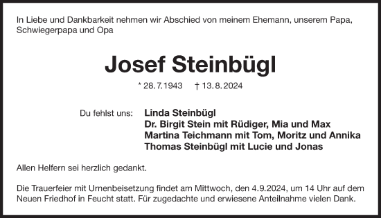 Traueranzeige von Josef Steinbügl von Der Bote
