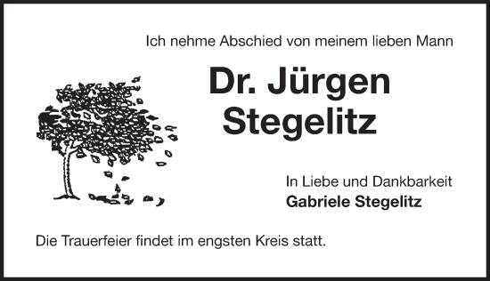 Traueranzeige von Jürgen Stegelitz von Der Bote