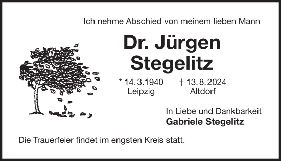 Traueranzeige von Jürgen Stegelitz von Der Bote