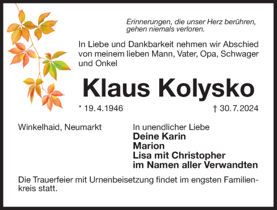 Traueranzeige von Klaus Kolysko von Der Bote