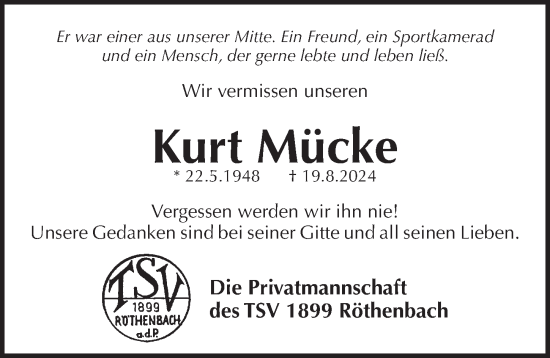 Traueranzeige von Kurt Mücke von Pegnitz-Zeitung