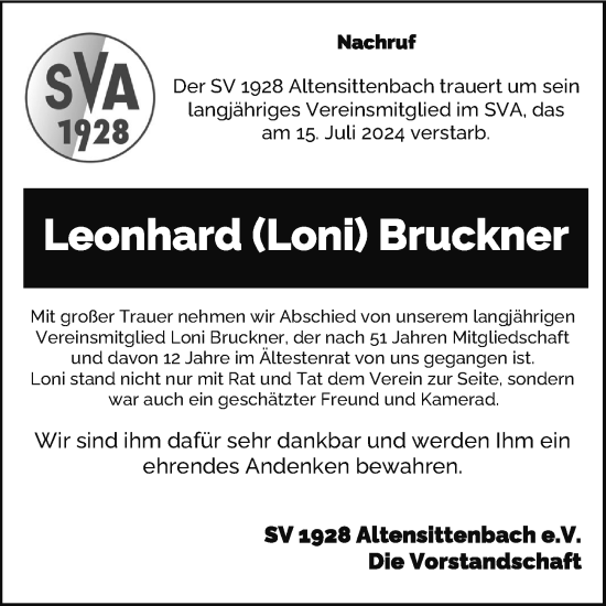 Traueranzeige von Leonhard Bruckner von Hersbrucker Zeitung Lokal