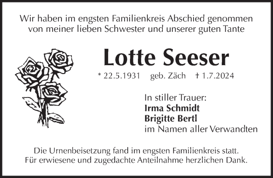 Traueranzeige von Lotte Seeser von Pegnitz-Zeitung