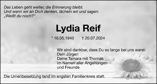 Traueranzeige von Lydia Reif von Hersbrucker Zeitung Lokal