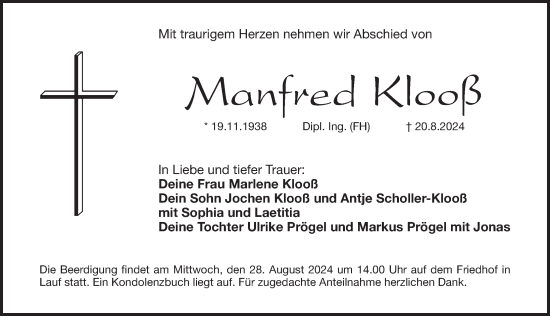 Traueranzeige von Manfred Klooß von Pegnitz-Zeitung