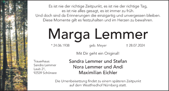 Traueranzeige von Marga Lemmer von Hersbrucker Zeitung Lokal
