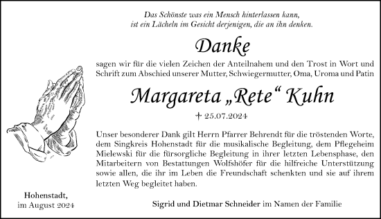 Traueranzeige von Margareta Kuhn von Hersbrucker Zeitung Lokal