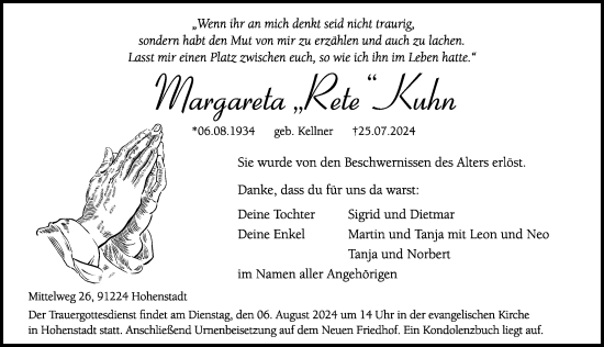 Traueranzeige von Margareta Kuhn von Hersbrucker Zeitung Lokal