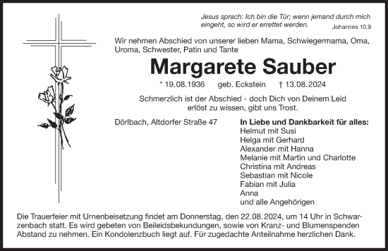 Traueranzeige von Margarete Sauber von Der Bote