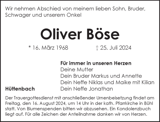 Traueranzeige von Oliver Böse von Pegnitz-Zeitung