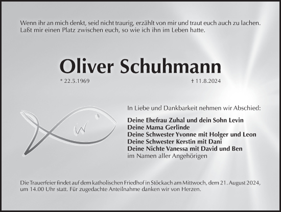Traueranzeige von Oliver Schuhmann von Pegnitz-Zeitung