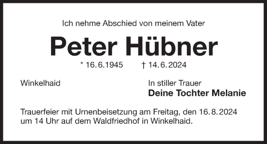 Traueranzeige von Peter Hübner von Der Bote