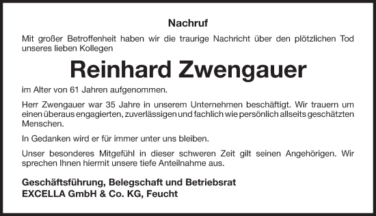 Traueranzeige von Reinhard Zwengauer von Der Bote