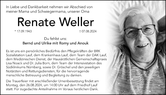 Traueranzeige von Renate Weller von Hersbrucker Zeitung Lokal