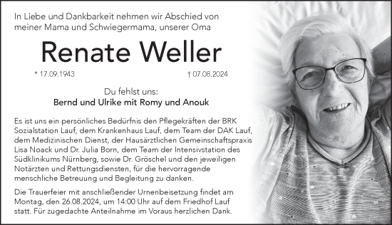 Traueranzeige von Renate Weller von Pegnitz-Zeitung