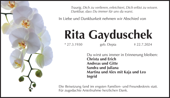 Traueranzeige von Rita Gayduschek von Pegnitz-Zeitung