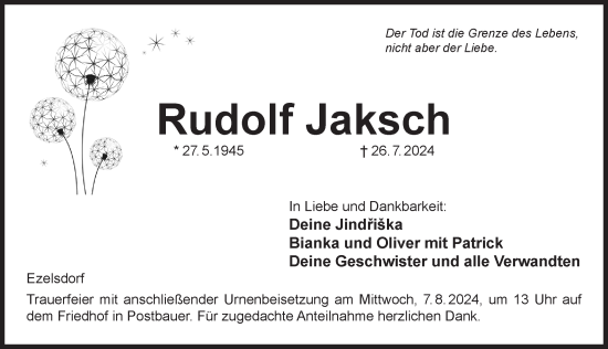 Traueranzeige von Rudolf Jaksch von Der Bote