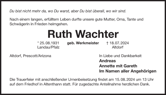 Traueranzeige von Ruth Wachter von Der Bote