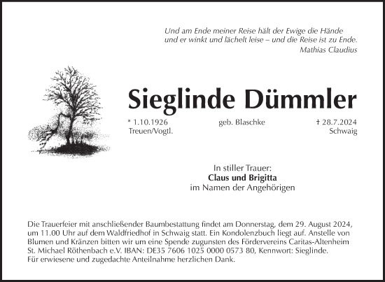 Traueranzeige von Sieglinde Dümmler von Pegnitz-Zeitung
