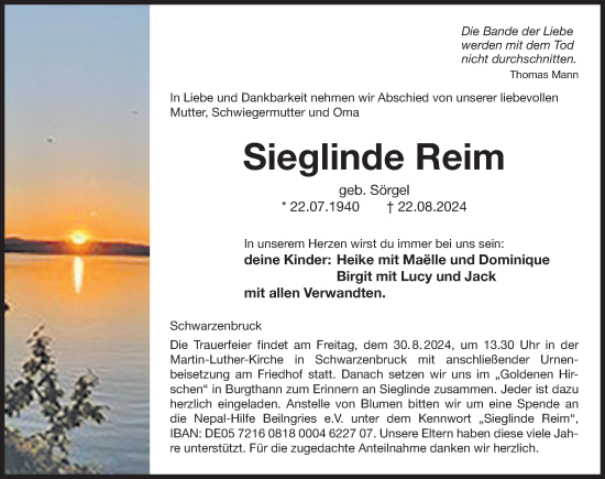 Traueranzeige von Sieglinde Reim von Der Bote