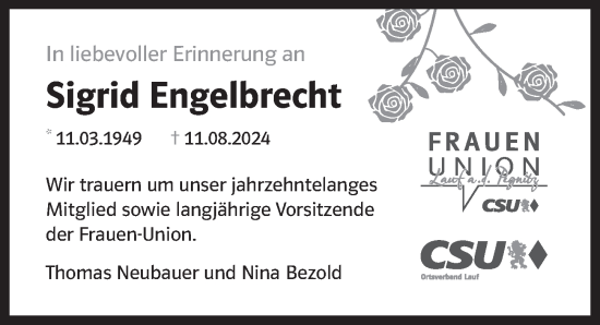Traueranzeige von Sigrid Engelbrecht von Pegnitz-Zeitung