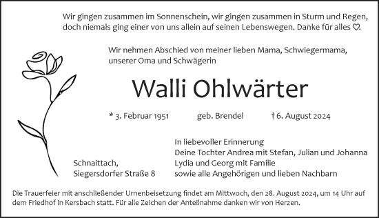 Traueranzeige von Walli Ohlwärter von Pegnitz-Zeitung
