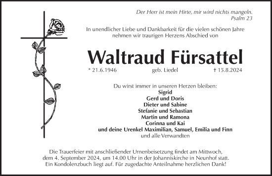 Traueranzeige von Waltraud Fürsattel von Pegnitz-Zeitung