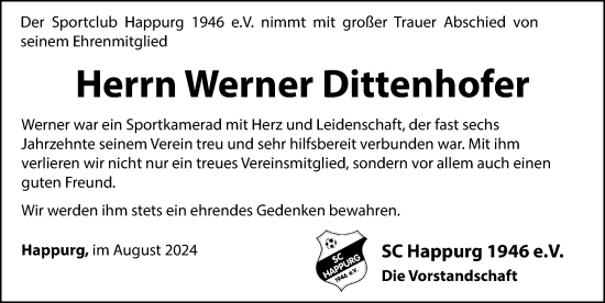 Traueranzeige von Werner Dittenhofer von Hersbrucker Zeitung Lokal