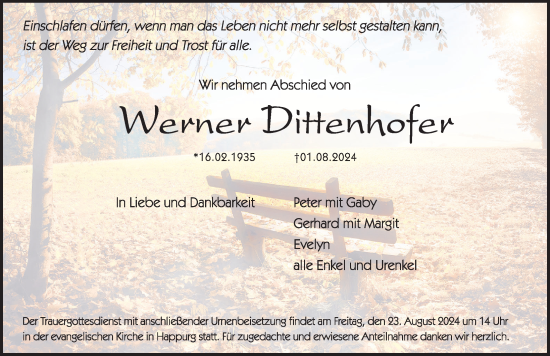 Traueranzeige von Werner Dittenhofer von Hersbrucker Zeitung Lokal