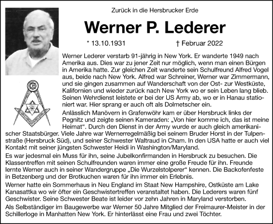 Traueranzeige von Werner Lederer von Hersbrucker Zeitung Lokal