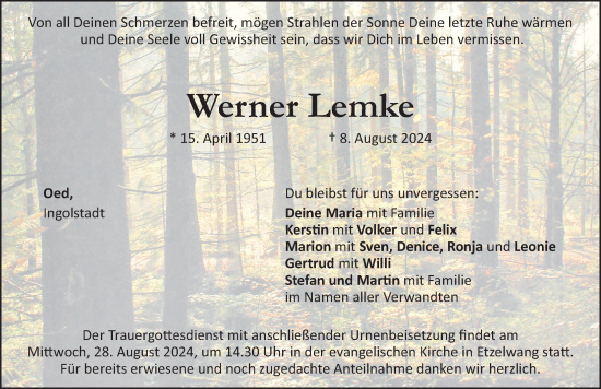 Traueranzeige von Werner Lemke von Hersbrucker Zeitung Lokal