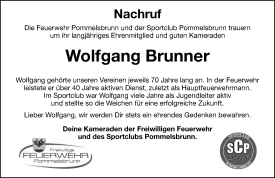 Traueranzeige von Wolfgang Brunner von Hersbrucker Zeitung Lokal