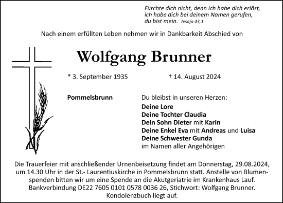 Traueranzeige von Wolfgang Brunner von Hersbrucker Zeitung Lokal