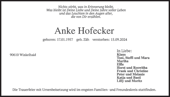 Traueranzeige von Anke Hofecker von Der Bote