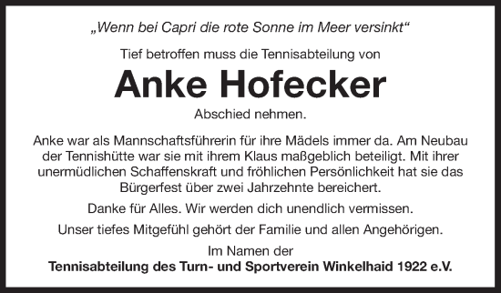 Traueranzeige von Anke Hofecker von Der Bote