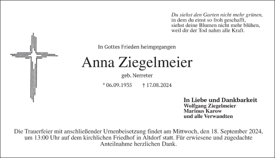 Traueranzeige von Anna Ziegelmeier von Der Bote