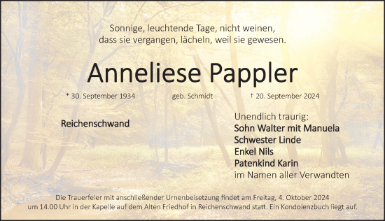 Traueranzeige von Anneliese Pappler von Hersbrucker Zeitung Lokal