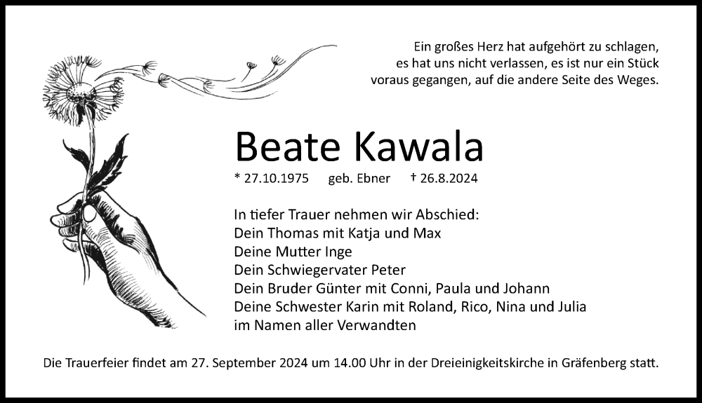  Traueranzeige für Beate Kawala vom 21.09.2024 aus Hersbrucker Zeitung Lokal