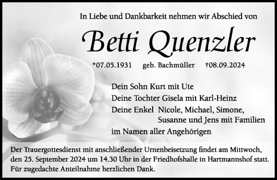 Traueranzeige von Betti Quenzler von Hersbrucker Zeitung Lokal
