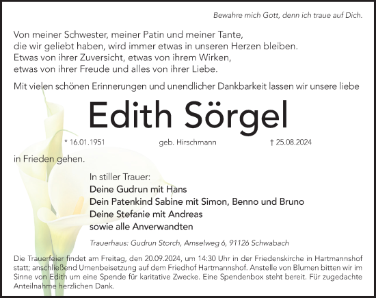 Traueranzeige von Edith Sörgel von Hersbrucker Zeitung Lokal