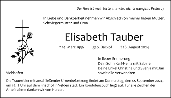 Traueranzeige von Elisabeth Tauber von Hersbrucker Zeitung Lokal