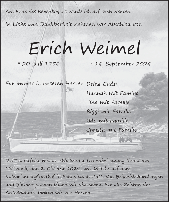 Traueranzeige von Erich Weimel von Pegnitz-Zeitung