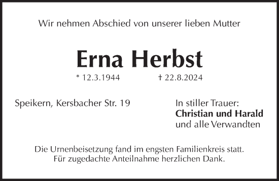 Traueranzeige von Erna Herbst von Pegnitz-Zeitung