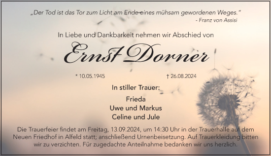 Traueranzeige von Ernst Dorner von Hersbrucker Zeitung Lokal