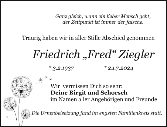 Traueranzeige von Friedrich Ziegler von Pegnitz-Zeitung